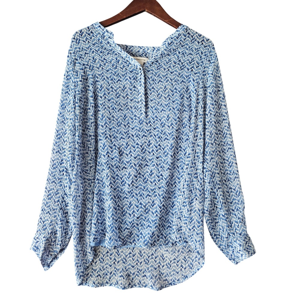 Liz Claiborne Blue Vintage Print Blouse Size‎ L Long Sleeve Half Button Popover